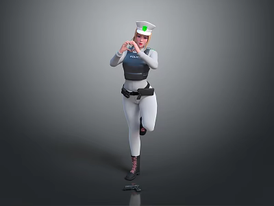 Woman Wearing White Hat Black Vest Standing on One Leg Holding Whistle with Black Device 3d model