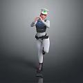Woman Wearing White Hat Black Vest Standing on One Leg Holding Whistle with Black Device