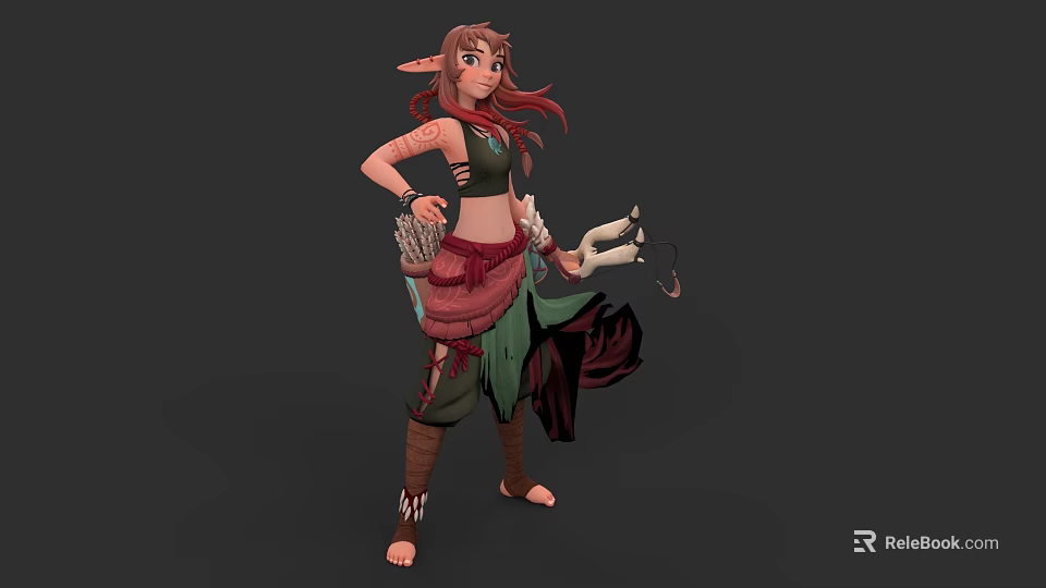 Elven Female Game Character With Red Hair Pointed Ears Green Outfit And Bow 3d model 