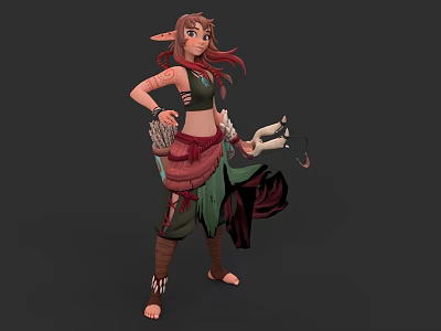 Elven Female Game Character With Red Hair Pointed Ears Green Outfit And Bow 3d model