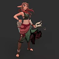 Elven Female Game Character With Red Hair Pointed Ears Green Outfit And Bow