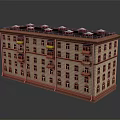 Multi Storey Residential Building With Red Brick Exterior And Colorful Balcony Awnings