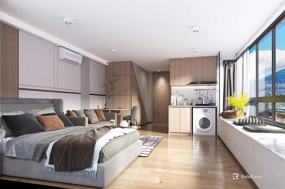 Modern Open Layout Apartment Interior With Bedroom Living Area Sofa Cabinets And Washing Machine 3d model 