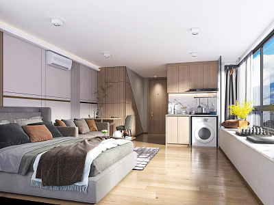 Modern Open Layout Apartment Interior With Bedroom Living Area Sofa Cabinets And Washing Machine 3d model