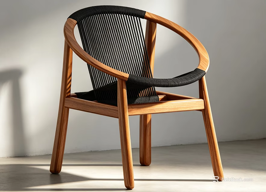 Minimalist Solid Wood Leisure Chair With Breathable Black Woven Rope Design For Home Relaxation 3d model 