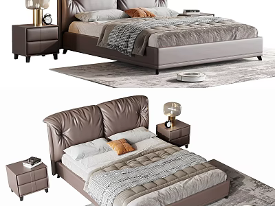 Modern Double Bed With Leather Headboard Nightstand Lamp Beige Quilt And Pillows 3d model