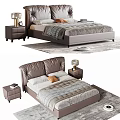 Modern Double Bed With Leather Headboard Nightstand Lamp Beige Quilt And Pillows