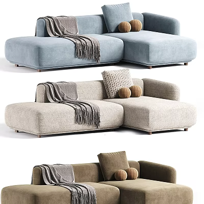 Modern Sectional Sofa With Throw Blanket Decorative Pillows And Wooden Legs In Multiple Colors 3d model
