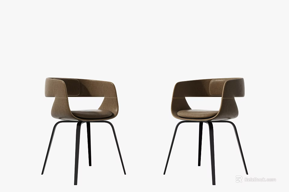 Two Modern Brown Dining Chairs With Upholstered Back And Black Metal Legs 3d model 