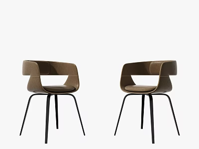 Two Modern Brown Dining Chairs With Upholstered Back And Black Metal Legs 3d model