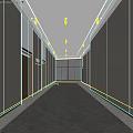 Modern Elevator Hallway With Light Colored Walls Dark Floor Linear Ceiling Lights And End Window