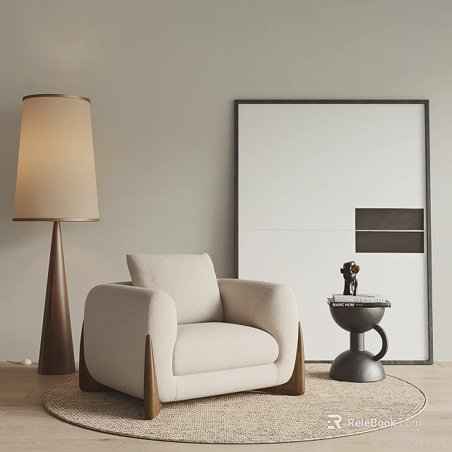 Beige Single Sofa With Floor Lamp Small Round Table And Wall Painting 3d model 