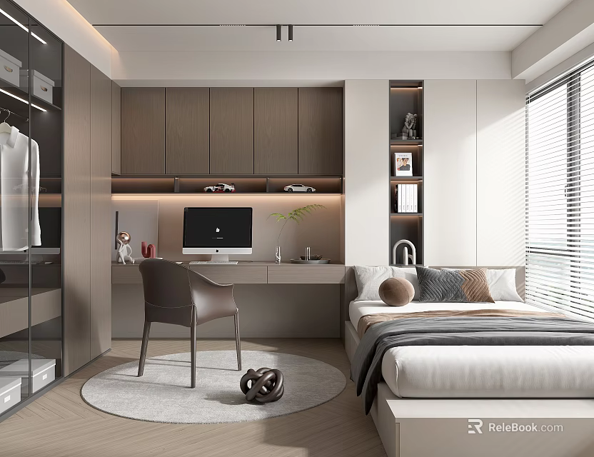 Stylish Modern Tatami Bedroom Interior With Desk Wardrobe And Natural Light 3d model 