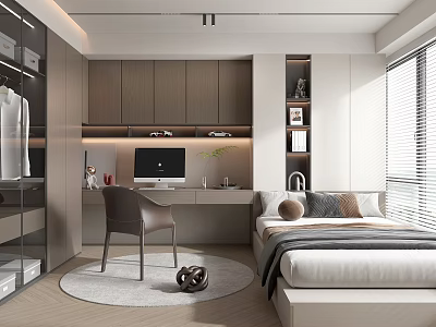 Stylish Modern Tatami Bedroom Interior With Desk Wardrobe And Natural Light 3d model
