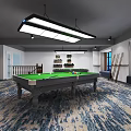 Elegant Billiard Room Interior With Green Table Overhead Lighting Blue Carpet Cue Rack And Plant