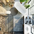 Hotel Bathroom With Floor to Ceiling Windows Mountain View Freestanding Bathtub Green Plants Pendant Lights