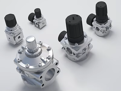 Industrial Equipment Silver Metal Regulators With Black Knobs And Precision Structure 3d model
