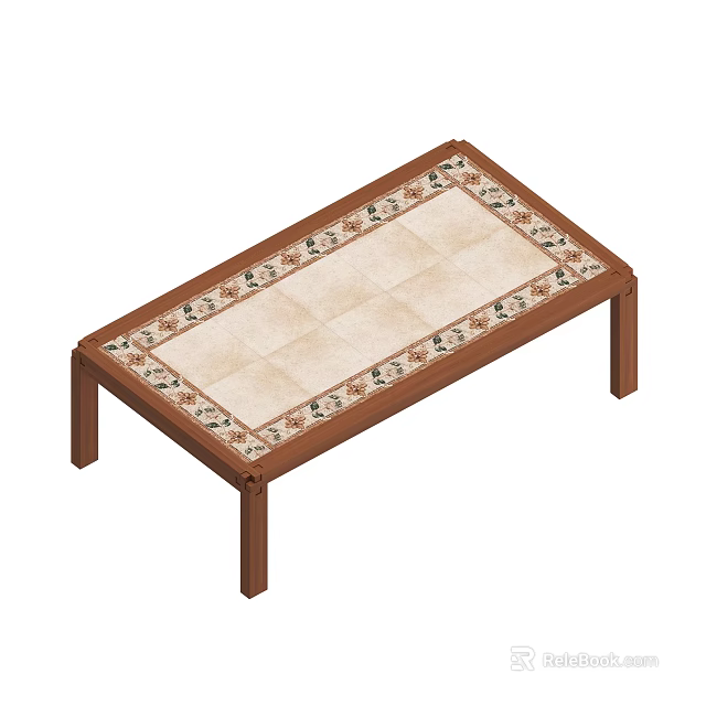 Rectangular Wooden Coffee Table With Tile Top And Decorative Border Pattern 3d model 