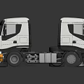 Two White Truck Models With Spare Tires On Reflective Black Surface
