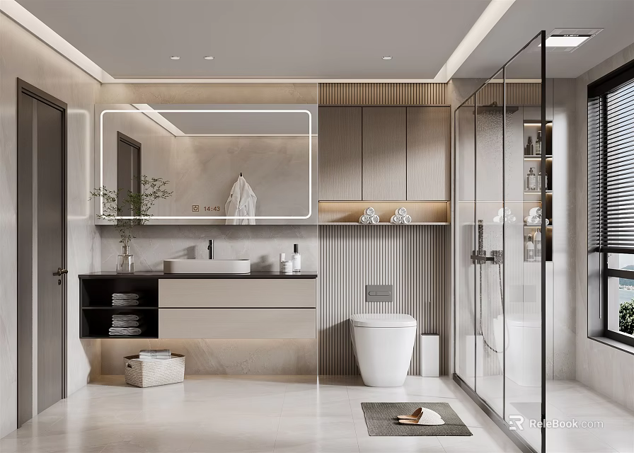 Modern Bathroom Interior With Vanity Mirror Cabinets Toilet And Glass Shower Enclosure 3d model 