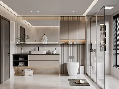 Modern Bathroom Interior With Vanity Mirror Cabinets Toilet And Glass Shower Enclosure 3d model