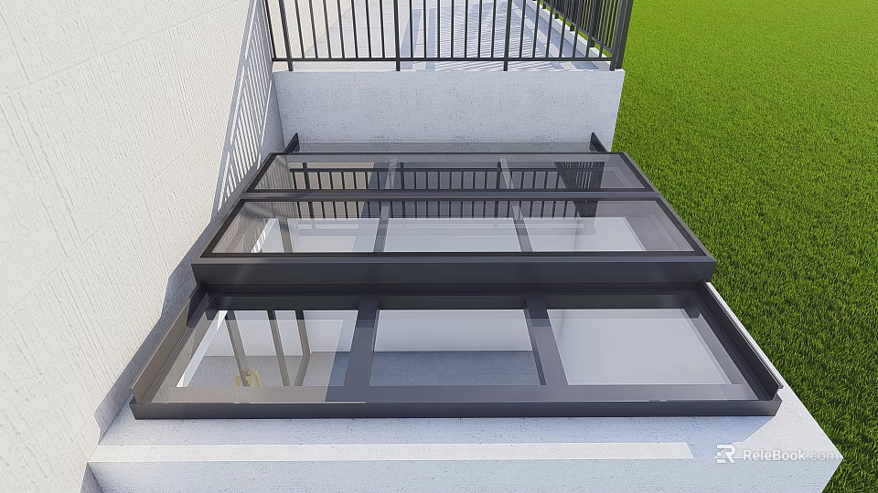 Modern Residential Building With Glass Skylight Black Railing White Wall And Green Grass 3d model 