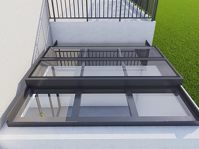 Modern Residential Building With Glass Skylight Black Railing White Wall And Green Grass 3d model
