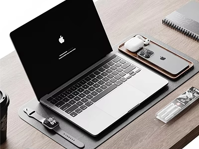 Open Apple MacBook Desktop Setup With iPhone AirPods Apple Watch On Wooden Desk 3d model