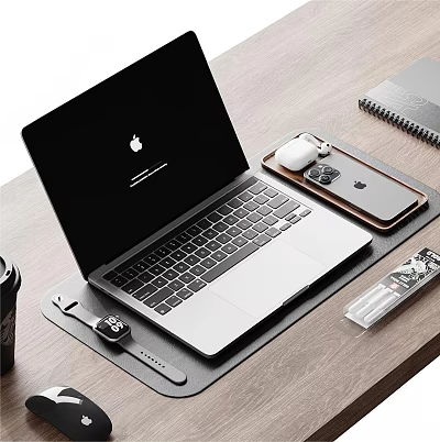 Open Apple MacBook Desktop Setup With iPhone AirPods Apple Watch On Wooden Desk 3d model