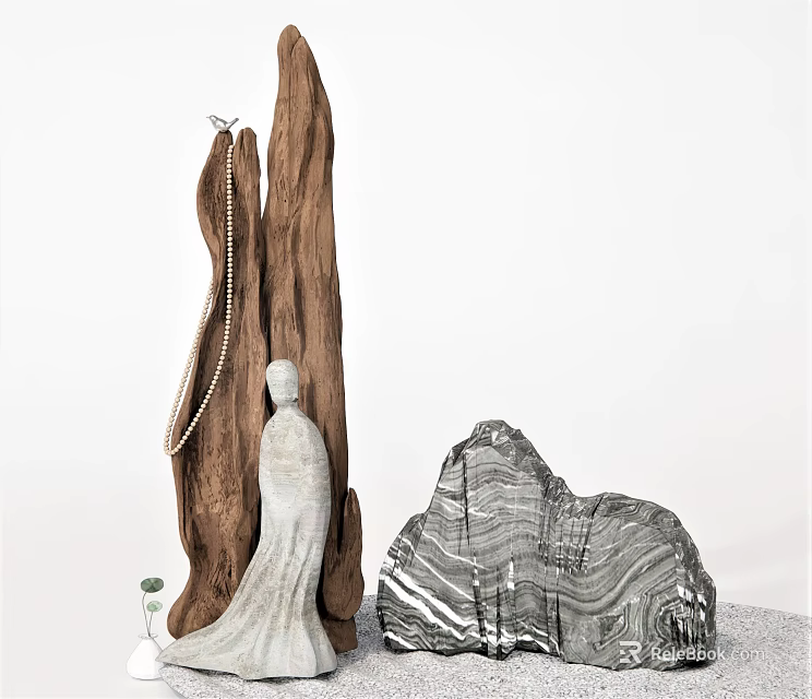 Minimalist Decorative Ornament Set With Wooden Sculpture White Figure And Layered Rock Decor 3d model 