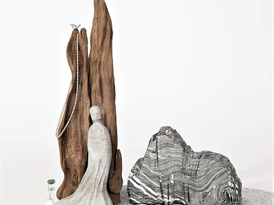 Minimalist Decorative Ornament Set With Wooden Sculpture White Figure And Layered Rock Decor 3d model