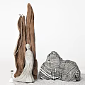 Minimalist Decorative Ornament Set With Wooden Sculpture White Figure And Layered Rock Decor