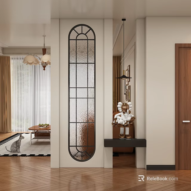 Modern Entryway Hallway With Frosted Glass Partition Black Frame Pendant Light And Console Table Decor 3d model 