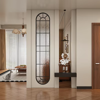 Modern Entryway Hallway With Frosted Glass Partition Black Frame Pendant Light And Console Table Decor 3d model