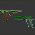 Two Modern Pistols with Black Body and Brown Wooden Grips on Gray Reflective Background
