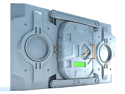 Futuristic Gray Metal Mechanical Door With Circular Panels And Green Indicator Light 3d model