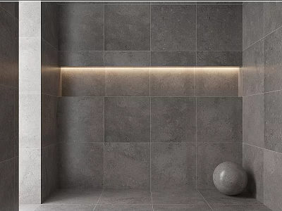 Gray Tiled Wall Architectural Component With Niche LED Strip Light And Spherical Decor 3d model