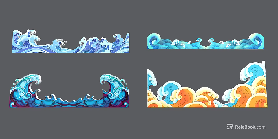 Colorful Wave Illustrations In Various Artistic Styles With Blue Orange Decorative Patterns 3d model 