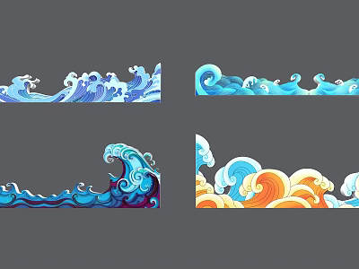 Colorful Wave Illustrations In Various Artistic Styles With Blue Orange Decorative Patterns 3d model