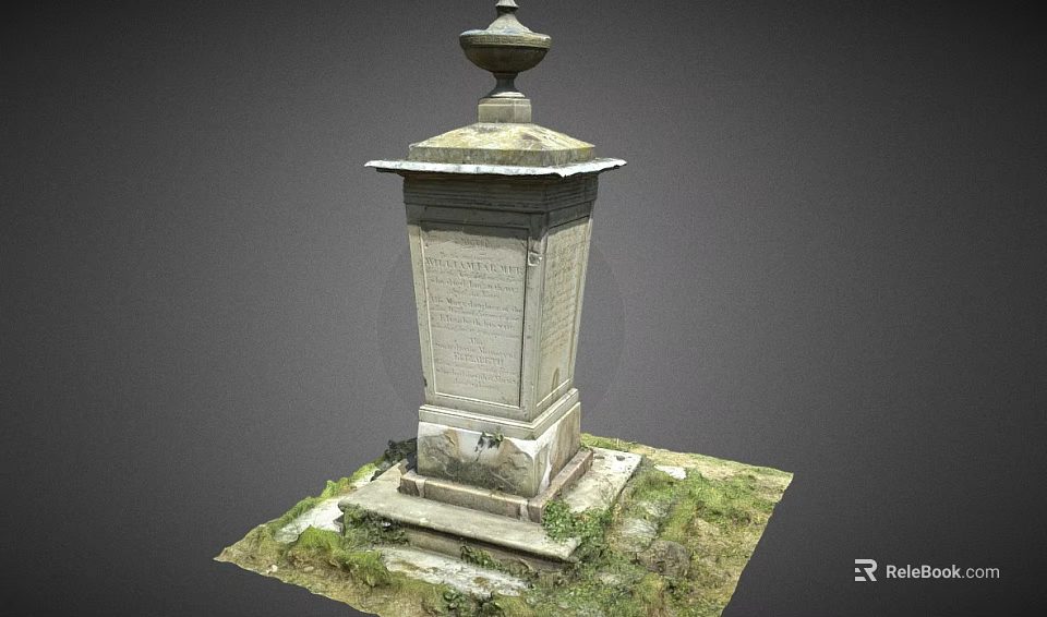 Stone Landscape Sculpture With Ornate Finial And Pedestal Set In Grass Surroundings With Mossy Base 3d model 