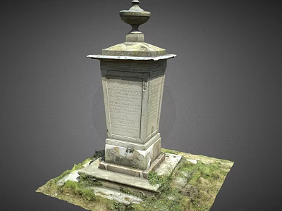 Stone Landscape Sculpture With Ornate Finial And Pedestal Set In Grass Surroundings With Mossy Base 3d model