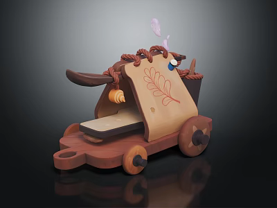 Wooden Cart With Open Book Featuring Leaf Design Decorative Rope And Feather 3d model