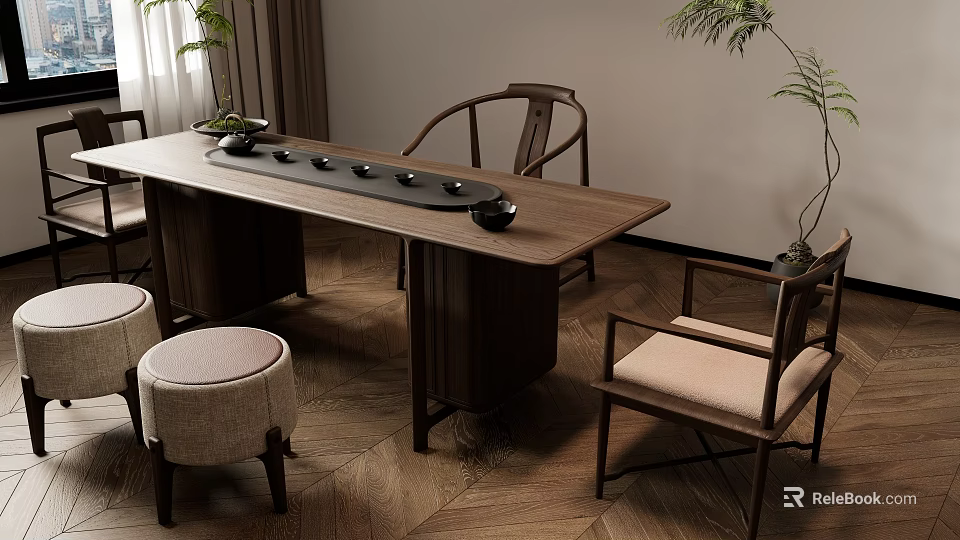 Traditional Tea Table and Chairs Interior Design With Wooden Frame And Potted Plants 3d model 