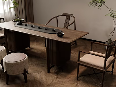 Traditional Tea Table and Chairs Interior Design With Wooden Frame And Potted Plants 3d model