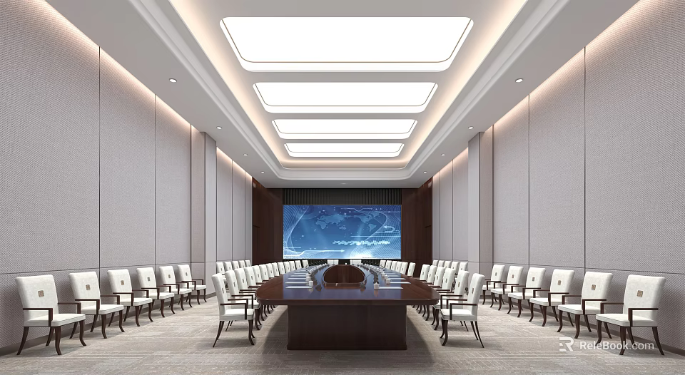 Modern Conference Room Interior With Long Table White Chairs Large Screen And Ceiling Lights 3d model 