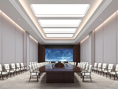 Modern Conference Room Interior With Long Table White Chairs Large Screen And Ceiling Lights 3d model