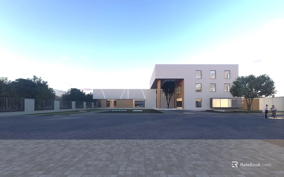 Modern School Building Exterior Design With Multiple Windows Front Courtyard And Landscaped Trees 3d model 