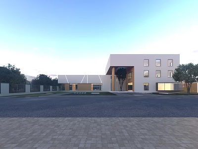 Modern School Building Exterior Design With Multiple Windows Front Courtyard And Landscaped Trees 3d model