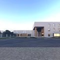 Modern School Building Exterior Design With Multiple Windows Front Courtyard And Landscaped Trees