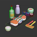 Fresh Sushi Platter With Soy Sauce Milk Bottles Small Bowls And Chopsticks